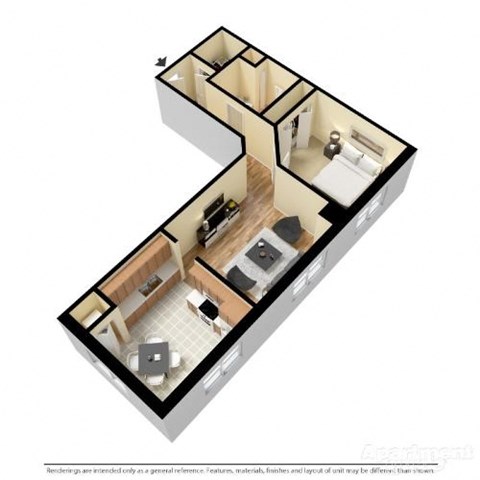Floor plan for 1 bed, 1 bath, 754 sqft